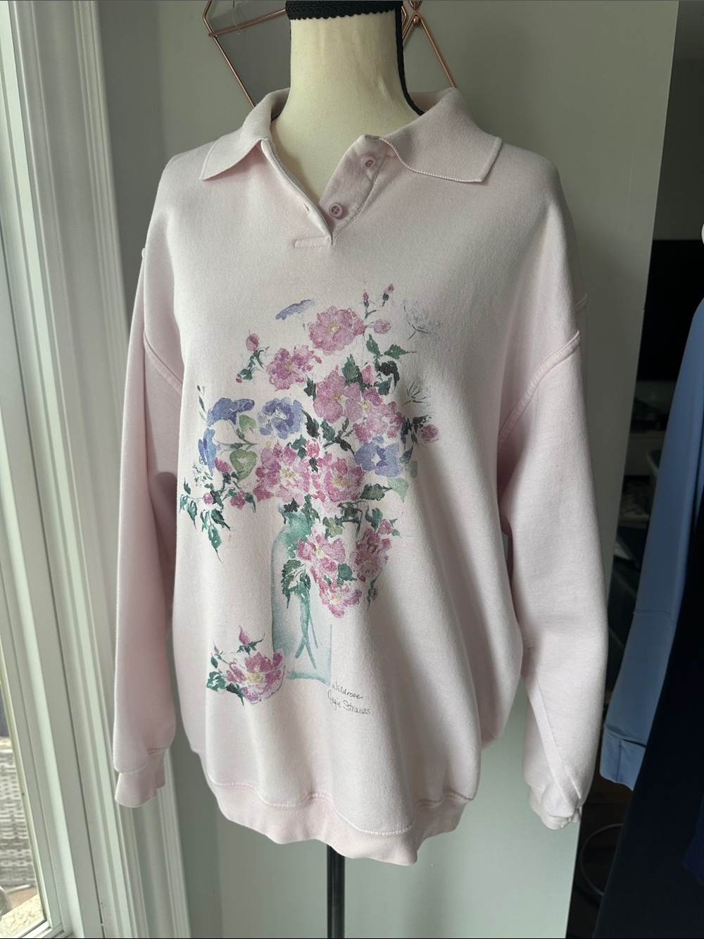 VINTAGE 90s ANGIE STRAUSS Light Pink Floral Sweater Collared Sweatshirt Large